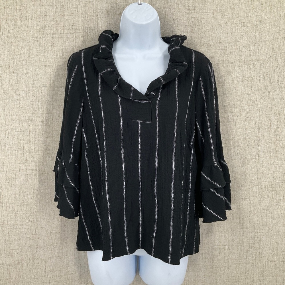 Ali Miles Blouse Womens PS Black Striped Ruffle Neck 3/4 Sleeve Preppy Airy